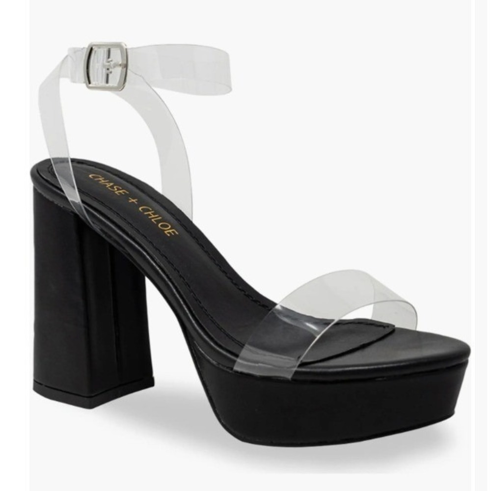 CHASE AND CHLOE Size 8.5 Black Clear Strap Platform Chunky Heel Hela Sandals